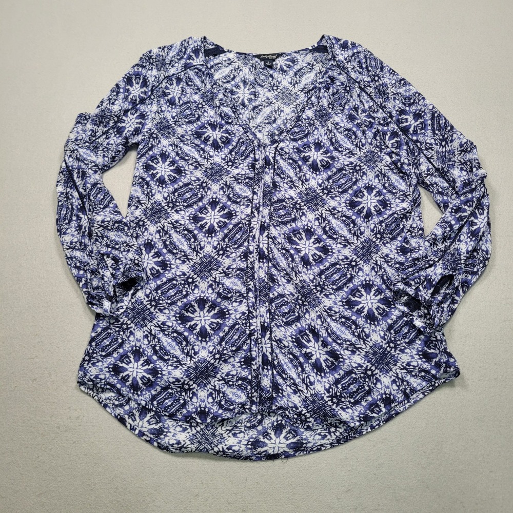 Lucky Brand Blue White Geometric Print V-Neck Long Sleeve Blouse Small